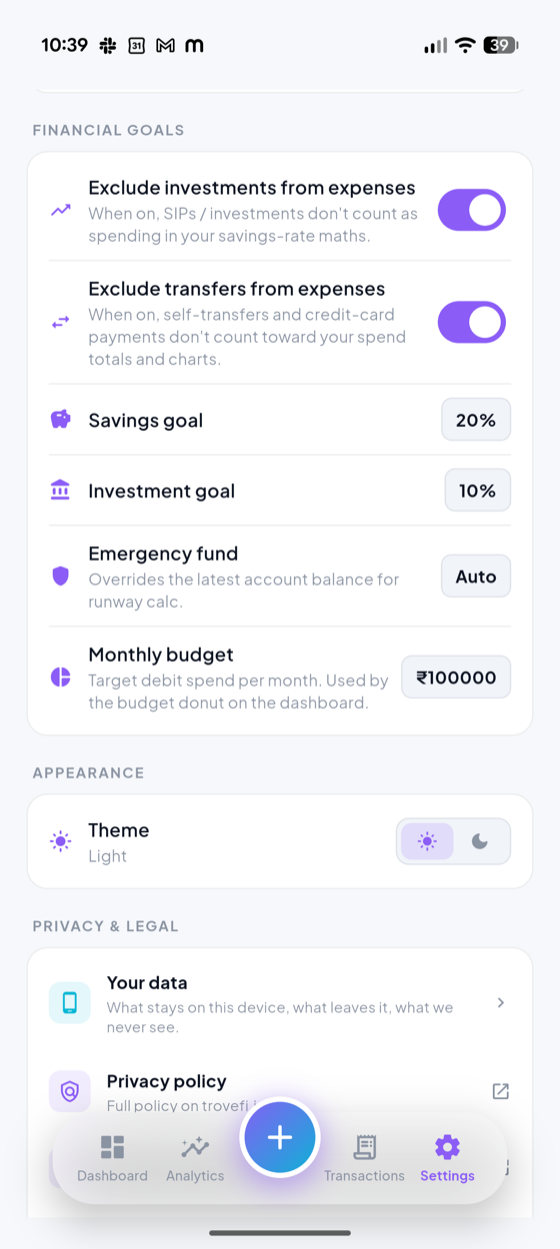 Budgets, goals and privacy settings
